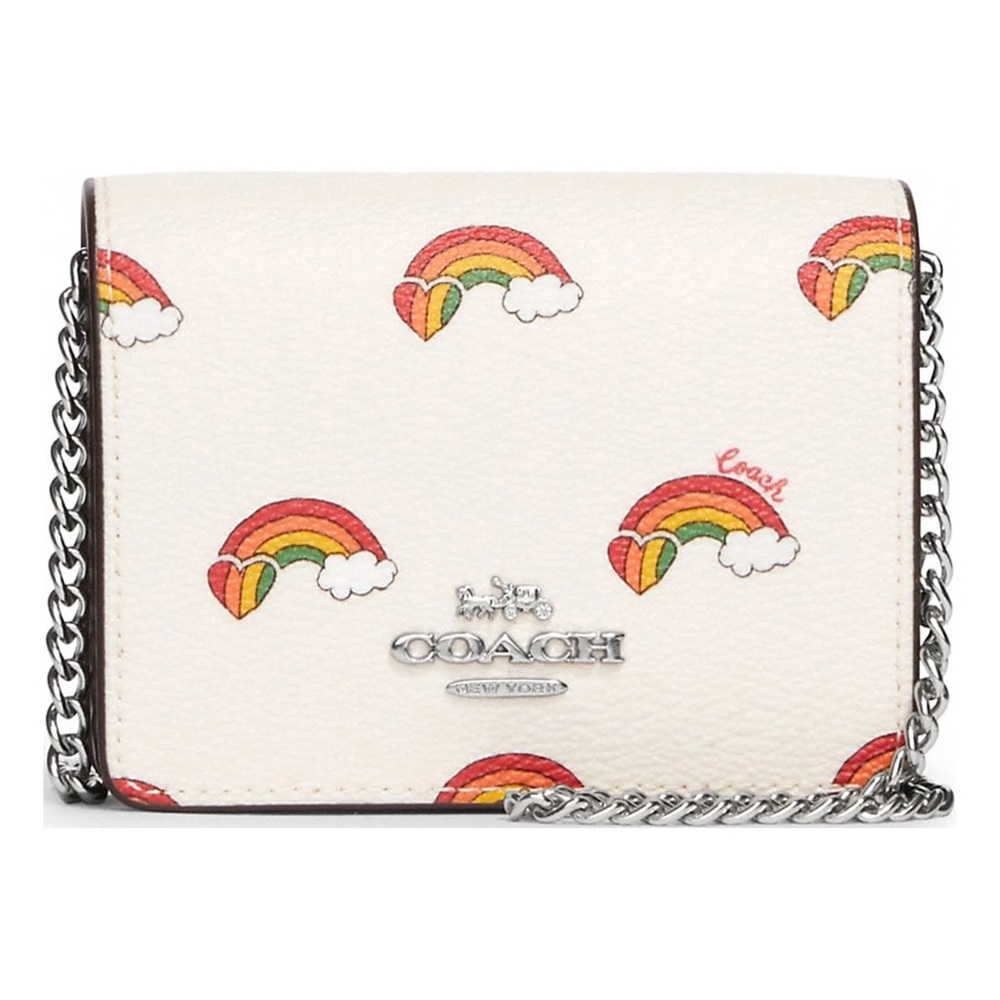 NWOT Coach Mini Wallet On A Chain With Rainbow Print White Tan Crossbody Chain